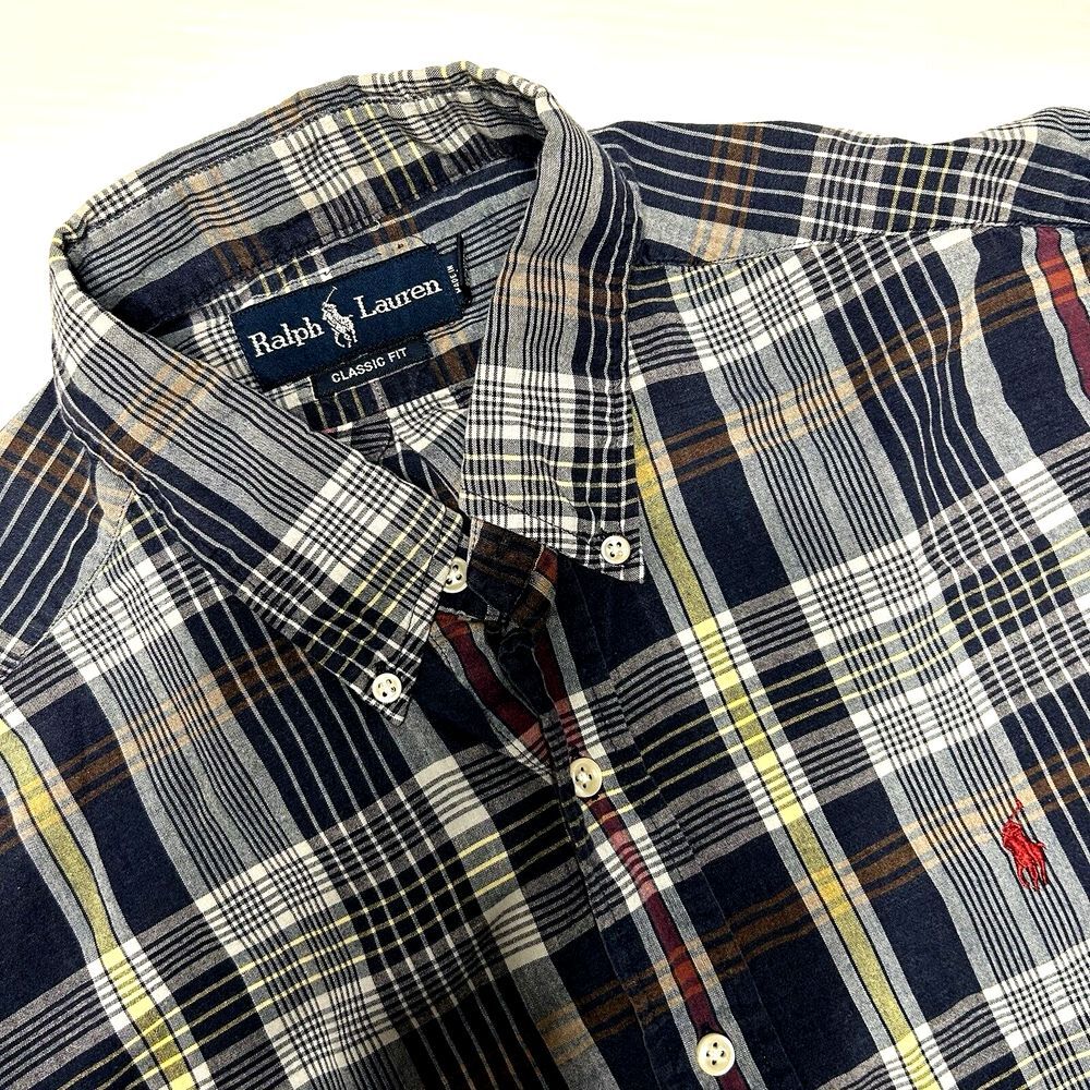 Ralph Lauren‎ Classic Fit Mens Large Blue Plaid Button Down Short Sleeve Shirt
